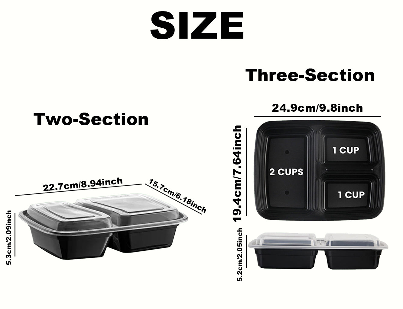 [50 Pack] Rectangular Disposable Food Containers with 2 or 3 Compartments – BPA-Free, Microwave & Freezer Safe